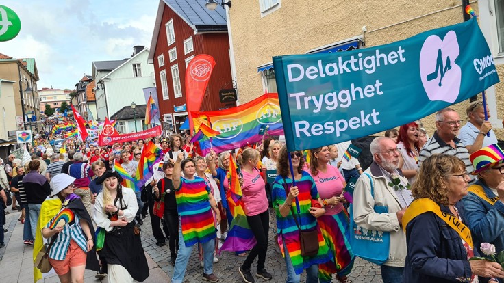 Färgglada människor i parad. Längst fram en banderoll med texten Delaktighet, Trygghet, Respekt